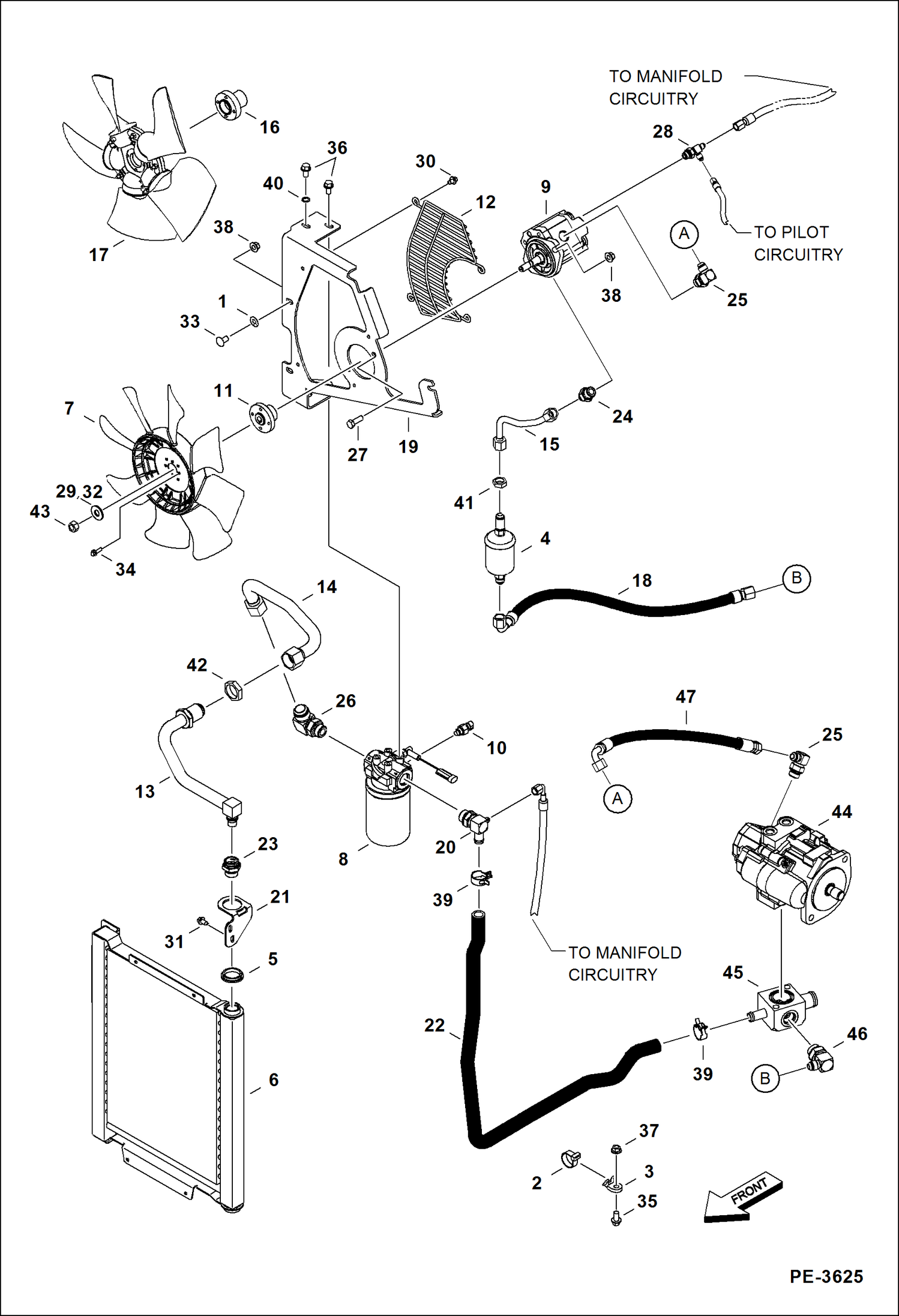 Схема запчастей Bobcat 430 - HYDRAULIC CIRCUITRY (Cooler/Filter & Fan Motor) HYDRAULIC SYSTEM