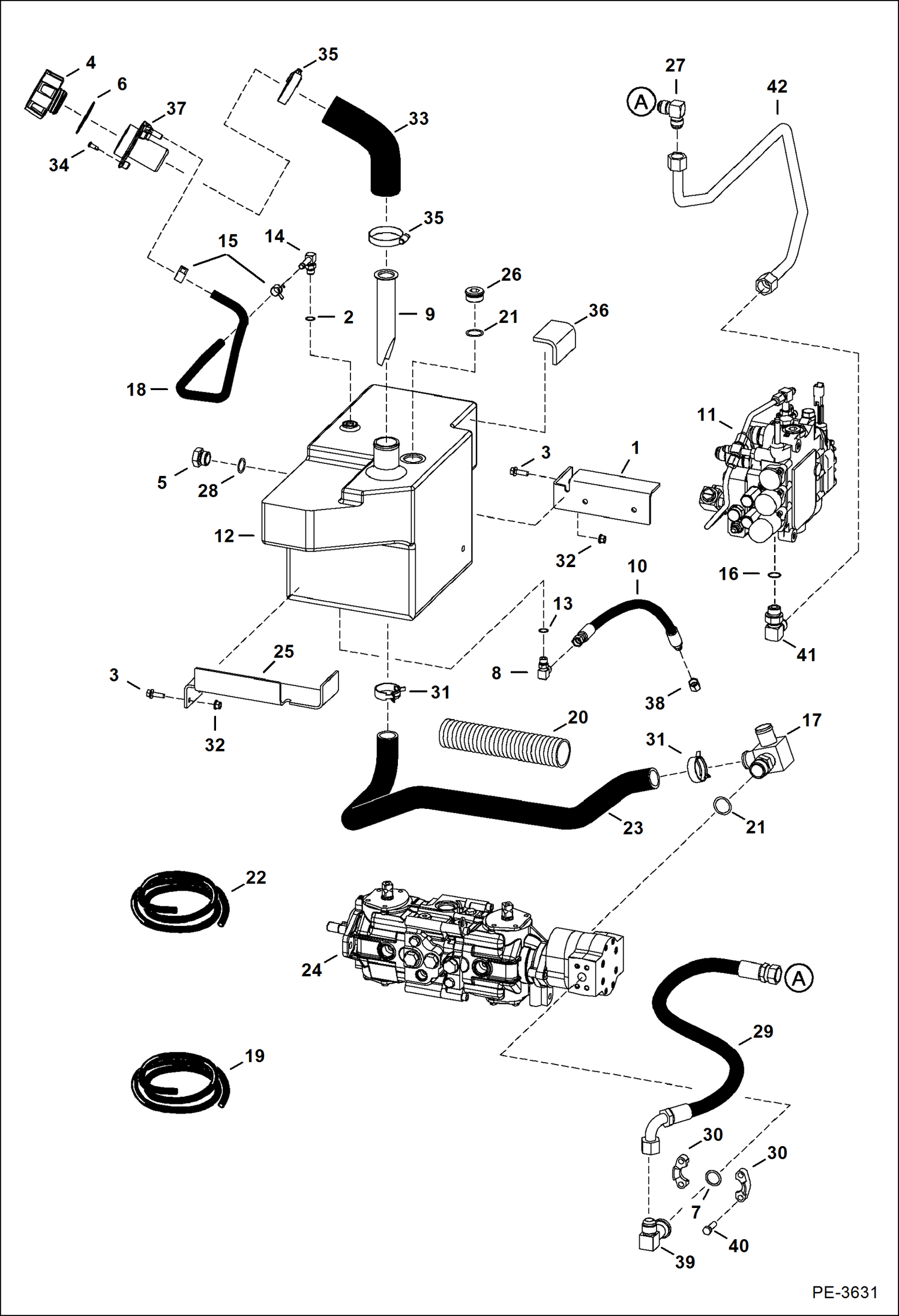 Схема запчастей Bobcat S-Series - HYDROSTATIC CIRCUITRY (W/Tank) (W/Manual Controls) (S/N 521313856-13912, 521411180, 521512066-12099 & 521611029) HYDROSTATIC SYSTEM