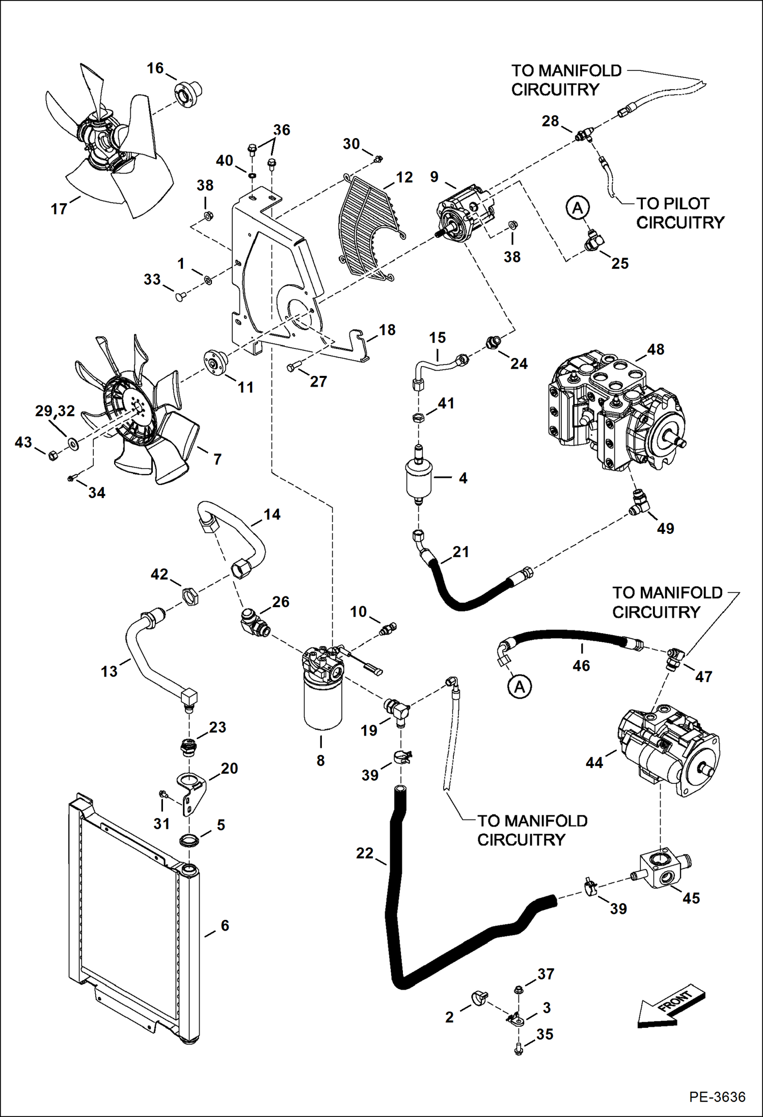 Схема запчастей Bobcat 430 - HYDRAULIC/HYDROSTATIC CIRCUITRY (Cooler/Filter & Fan Motor) HYDRAULIC/HYDROSTATIC SYSTEM