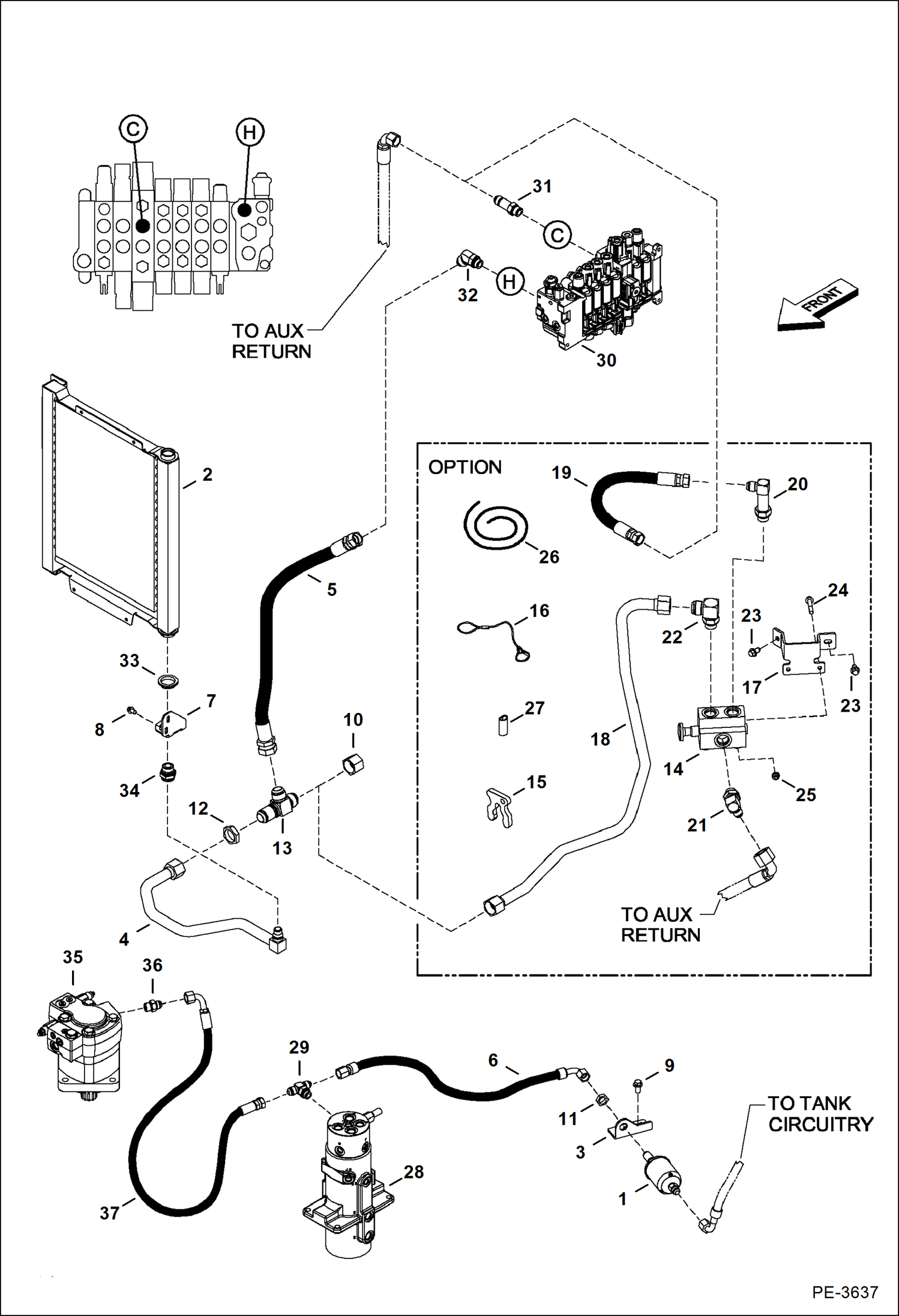 Схема запчастей Bobcat 430 - HYDRAULIC CIRCUITRY (Cooler & Direct to Tank Option) HYDRAULIC/HYDROSTATIC SYSTEM