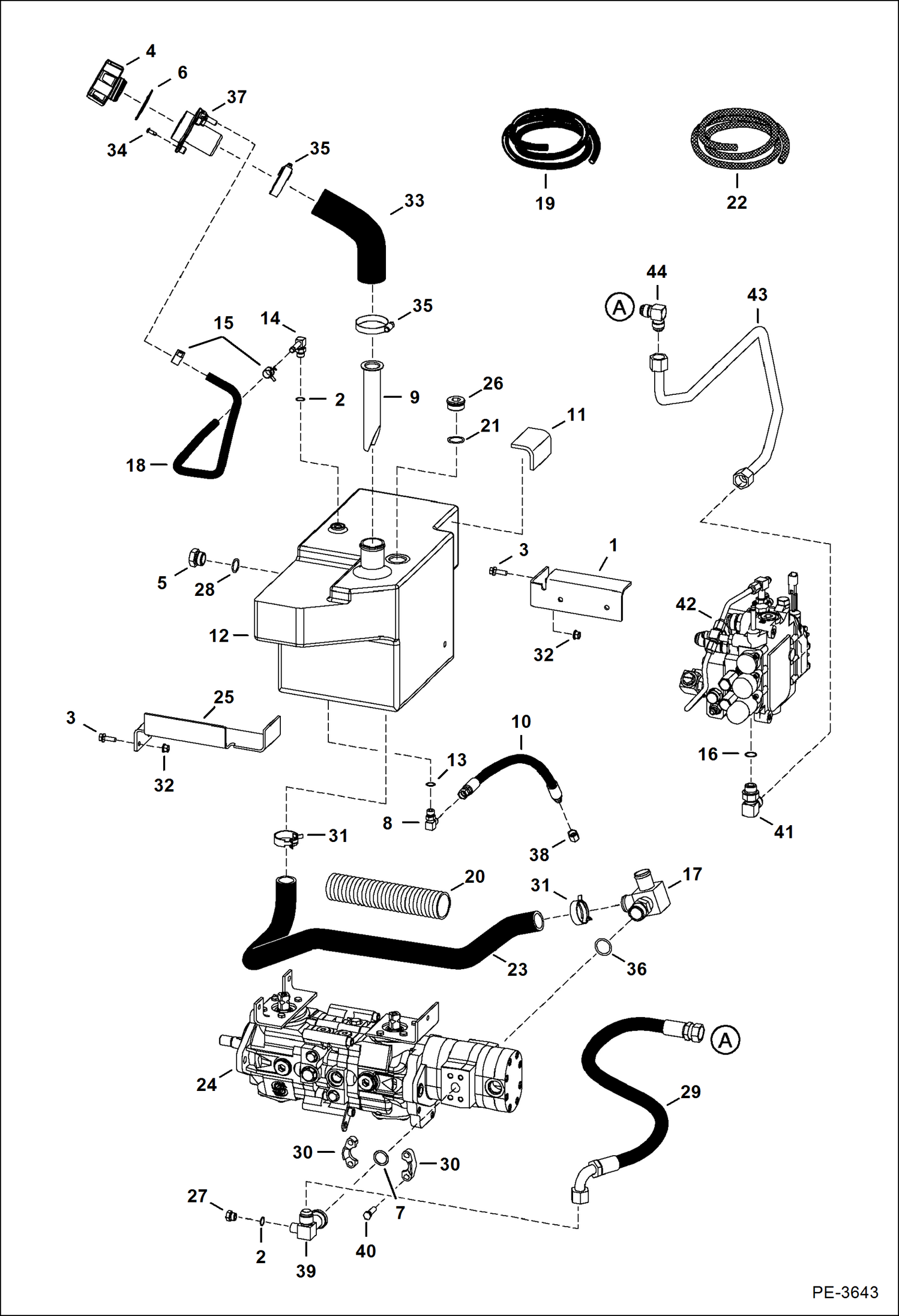 Схема запчастей Bobcat T-Series - HYDROSTATIC CIRCUITRY (W/Tank) (W/ Manual Controls) S/N 523111001, 523011001 & Above) (S/N 525611001-12999, 525711001-11999) HYDROSTATIC SYSTEM