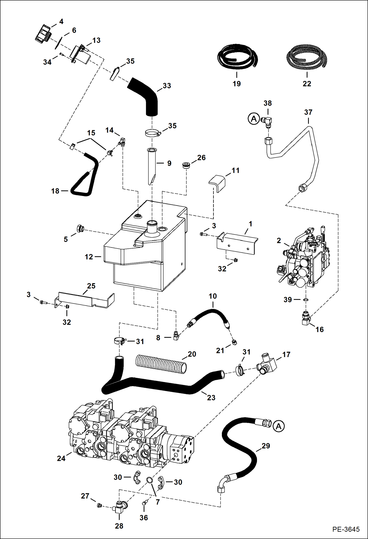 Схема запчастей Bobcat T-Series - HYDROSTATIC CIRCUITRY (W/Tank) (W/SJC) S/N 523111001, 523011001 & Above) (S/N 525611001-12999, 525711001-11999) HYDROSTATIC SYSTEM