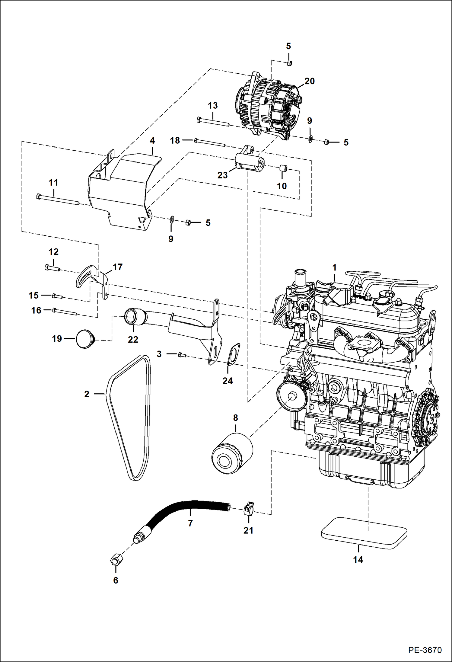 Схема запчастей Bobcat 400s - ENGINE & ATTACHING PARTS (Alternator Mounting, Fuel Fill) (Kubota-D1005-E3B-BC-3)(Tier IV Replacement) REPLACEMENT ENGINE