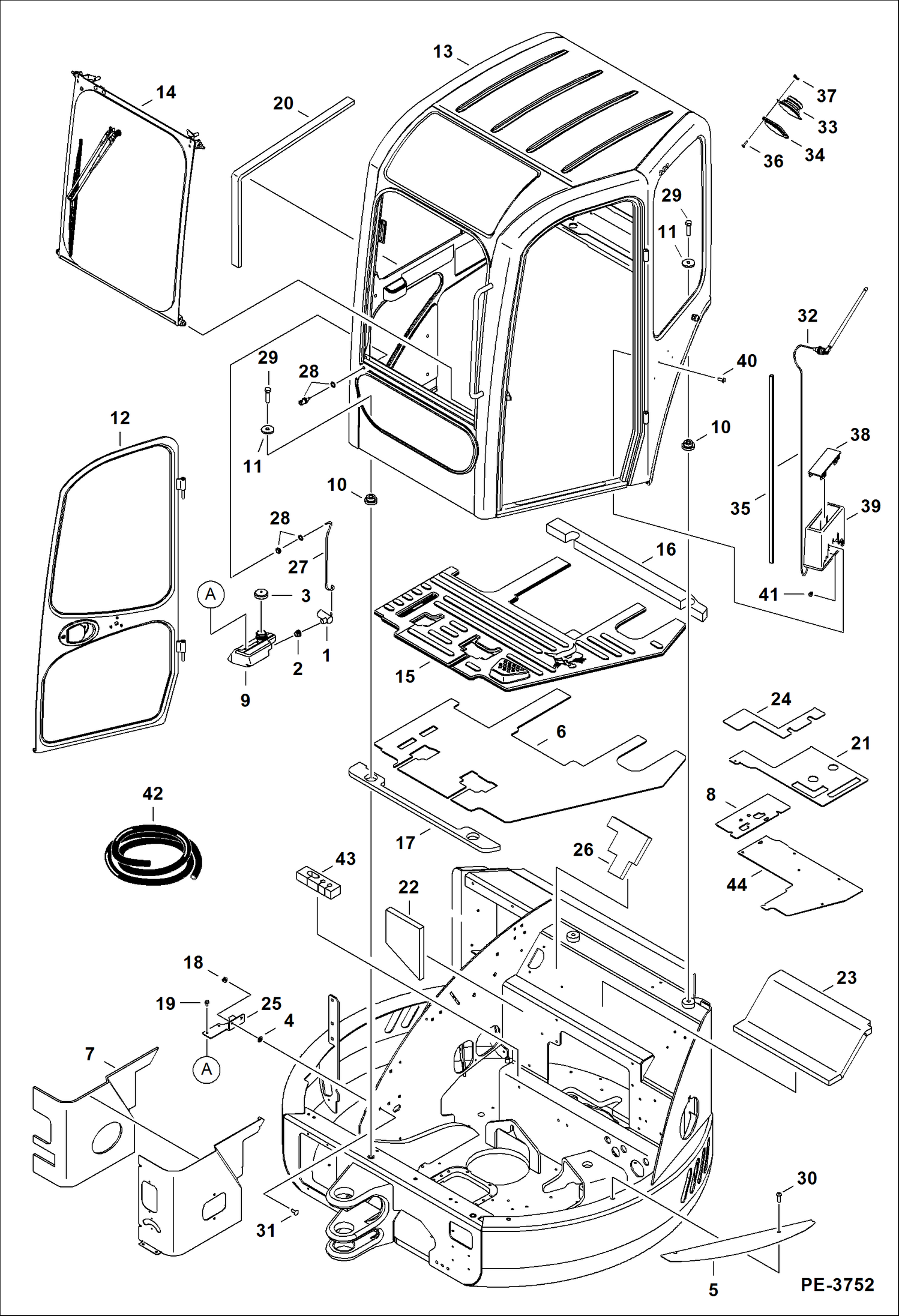 Схема запчастей Bobcat 430 - OPERATOR CAB (Mounting, Front Window, Door) (Radio Ready) MAIN FRAME