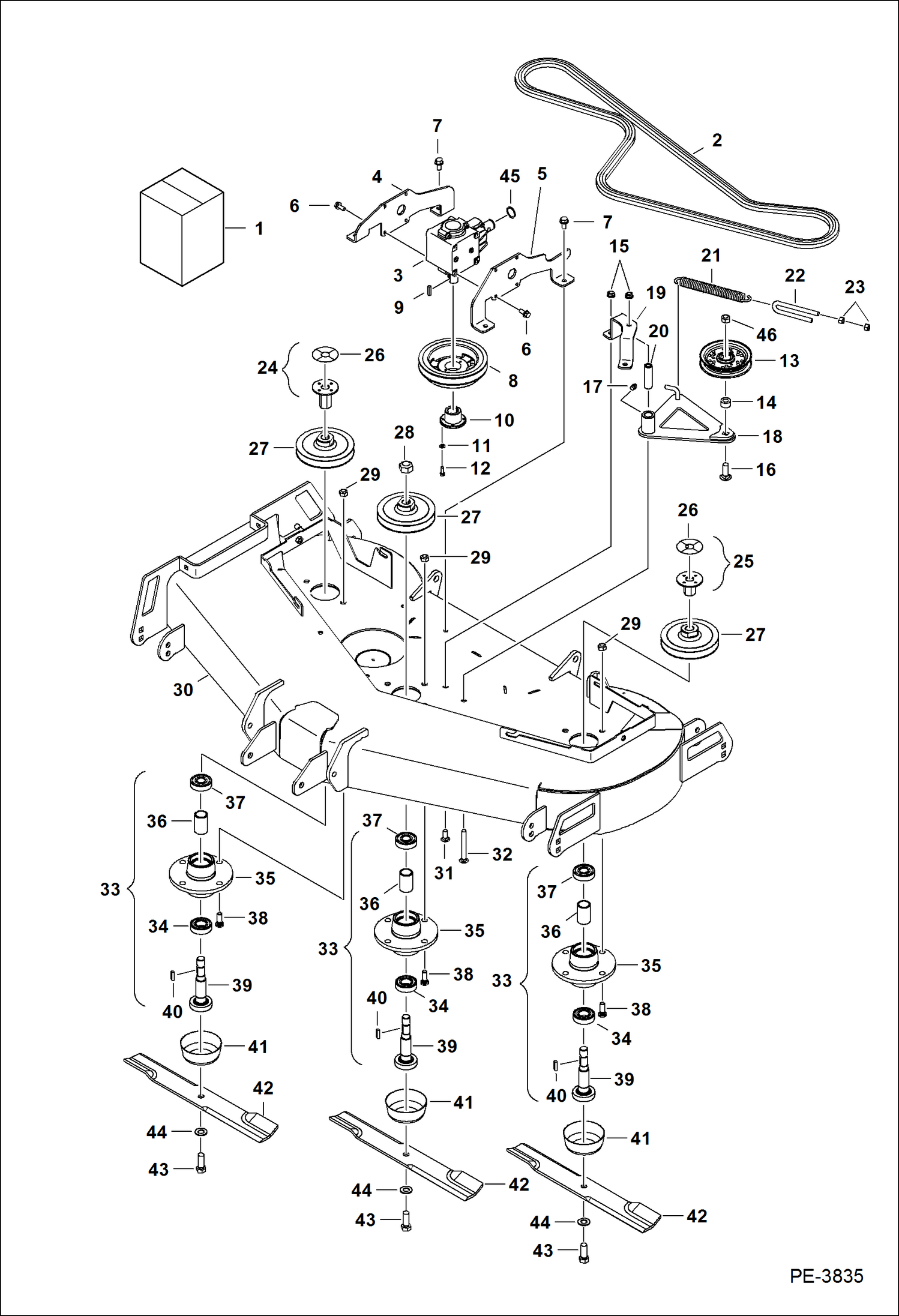 Схема запчастей Bobcat MOWER - MOWER (Belt, Pulleys & Blades) (MM54 AB4D) Компактные тракторы