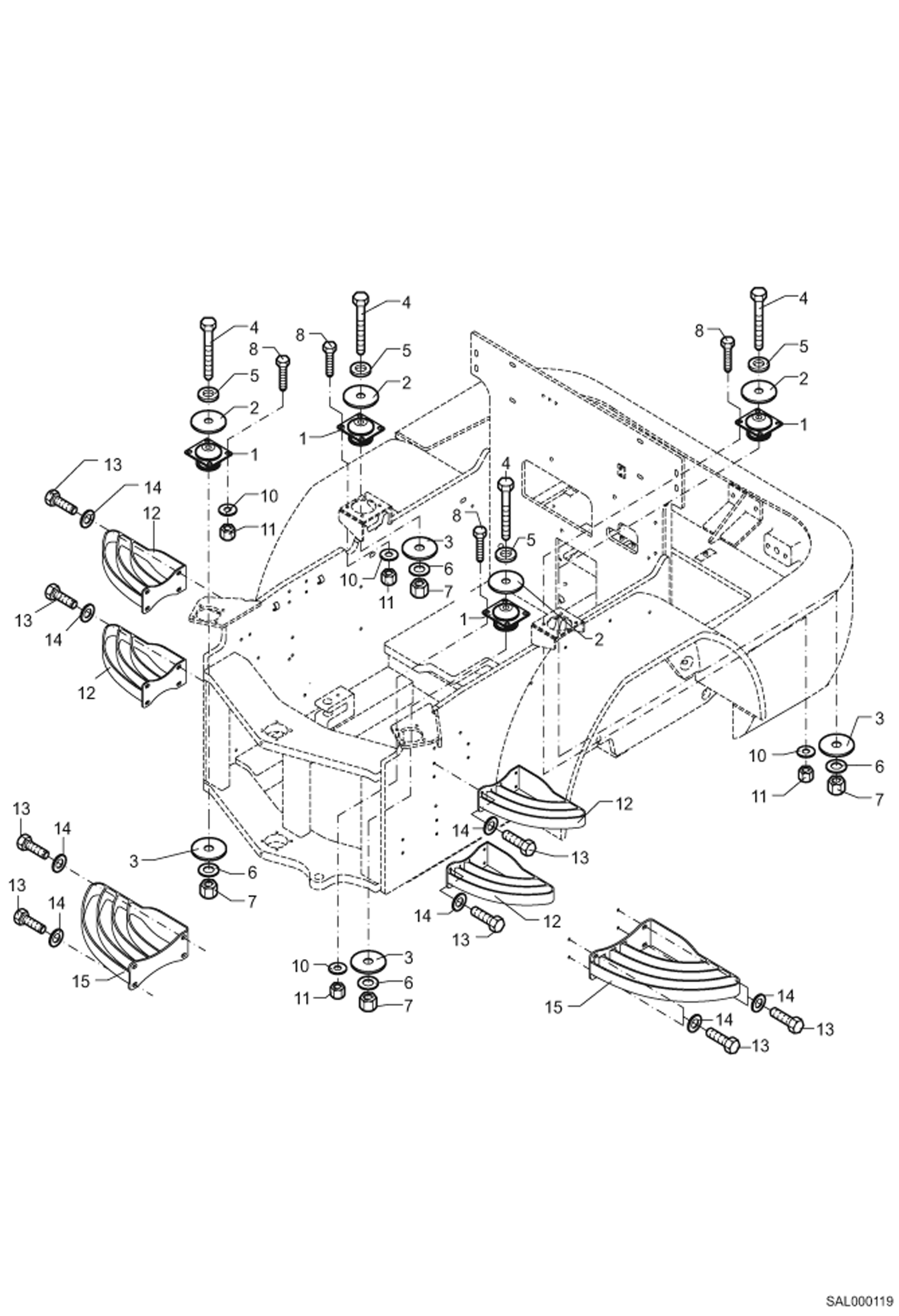 Схема запчастей Bobcat AL350 - STEPS, COVER, FLOOR FRAME SHOCK MOUNTING MAIN FRAME