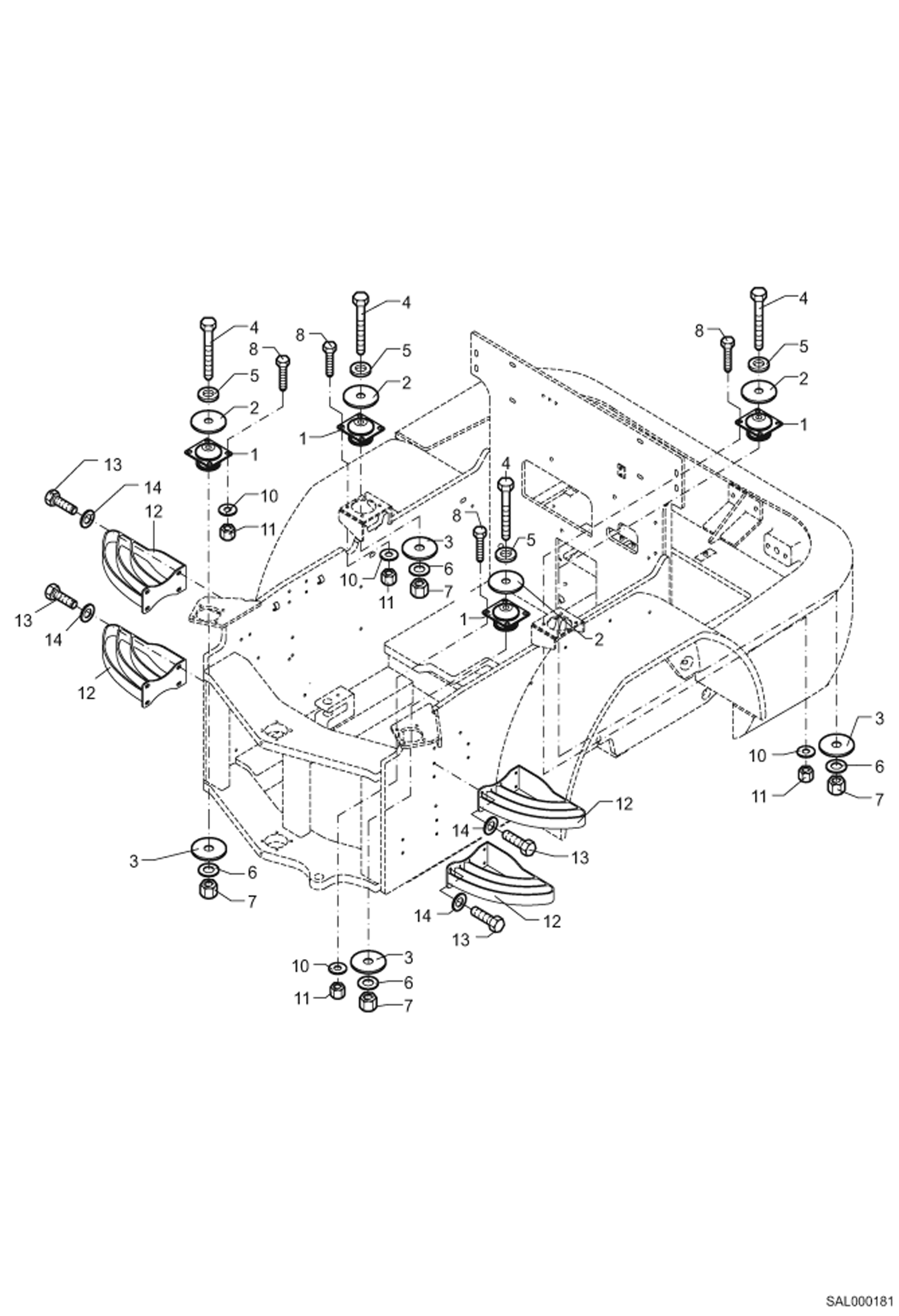 Схема запчастей Bobcat AL275 - STEPS, COVER, FLOOR FRAME SHOCK MOUNTING MAIN FRAME