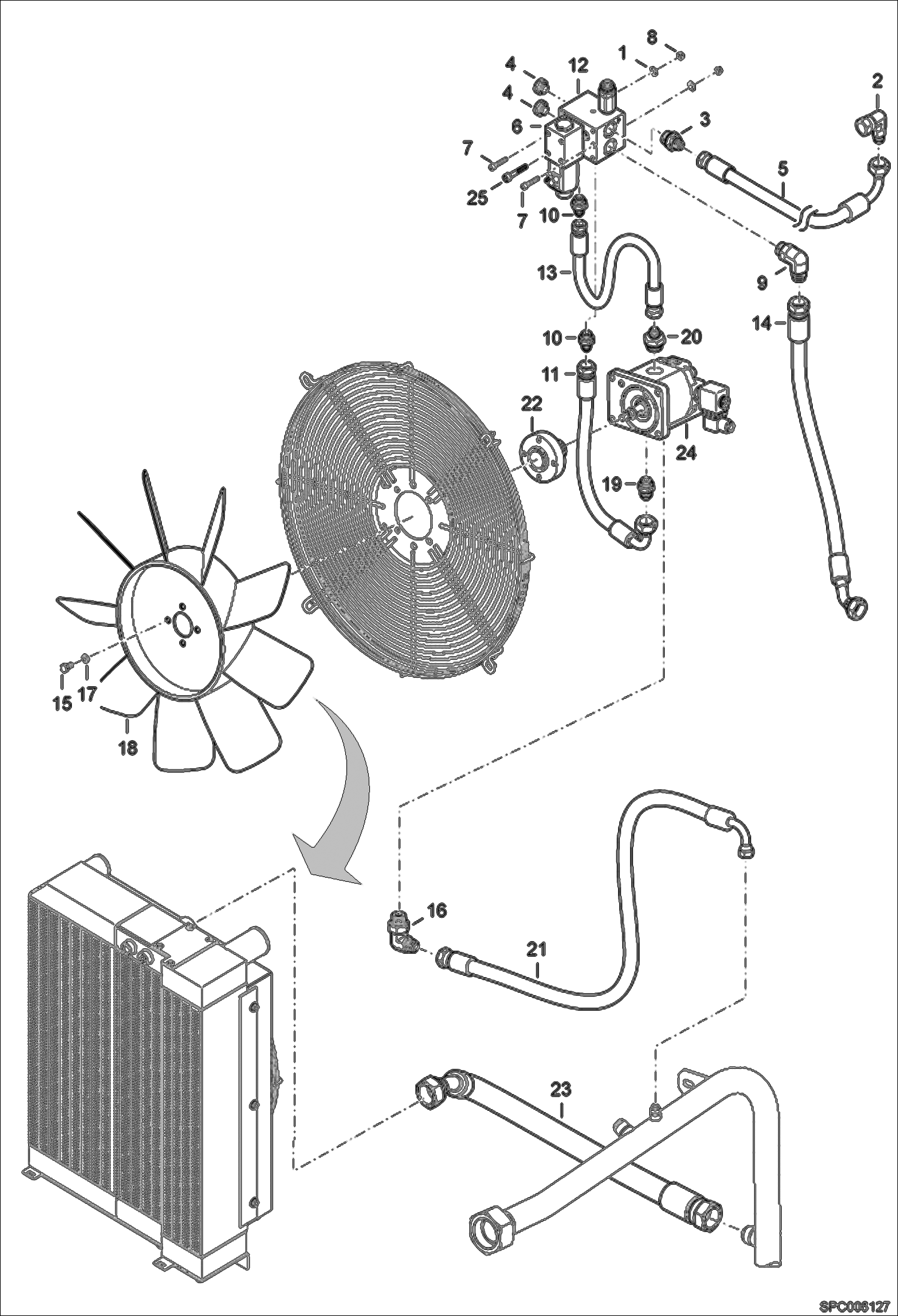 Схема запчастей Bobcat T3571L - COOLING FAN CIRCUIT (W/ Optional Reverse - W/ Frame Levelling) (1 Speed) ACCESSORIES & OPTIONS