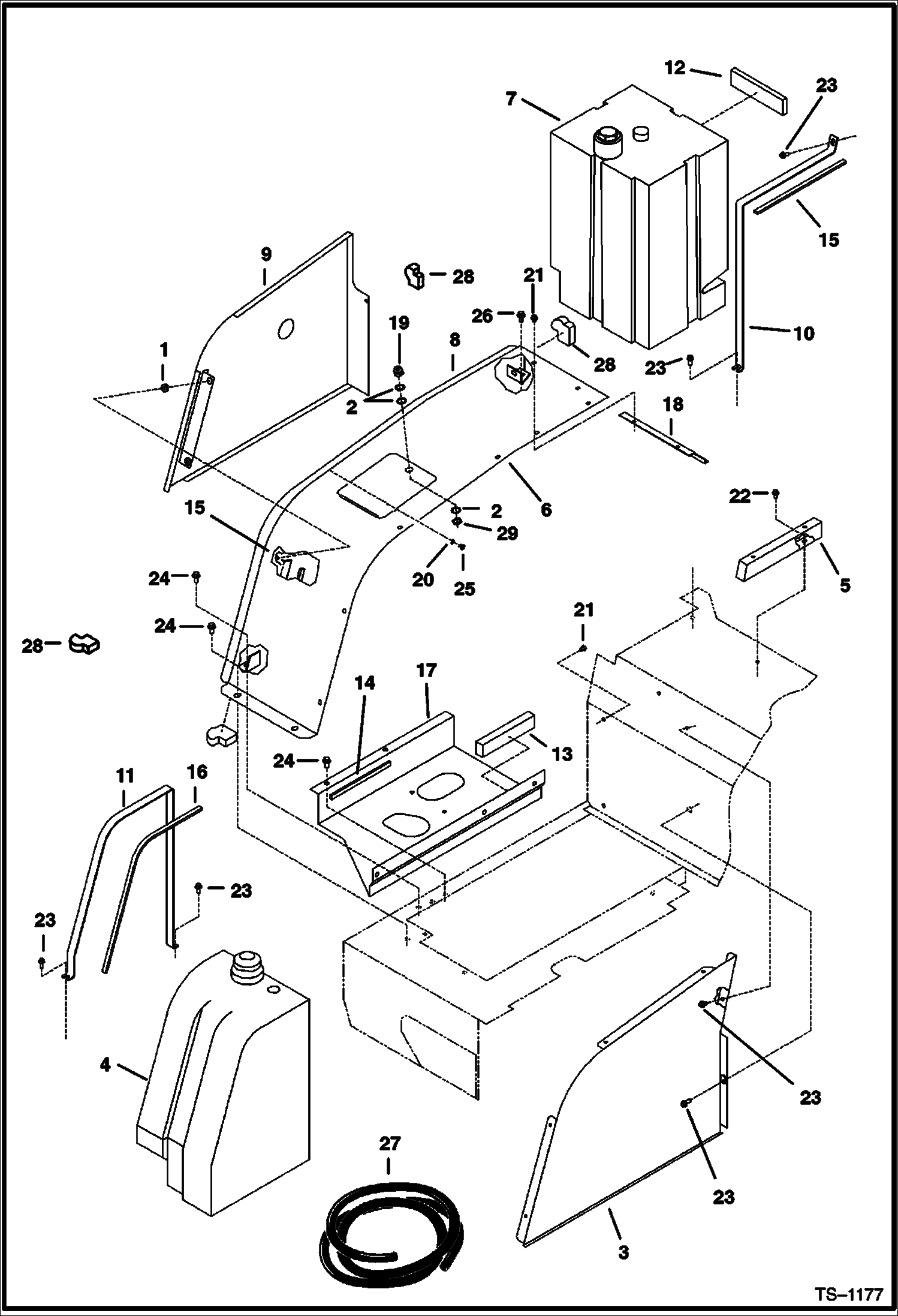 Схема запчастей Bobcat 325 - SIDE COVERS & TANKS MAIN FRAME