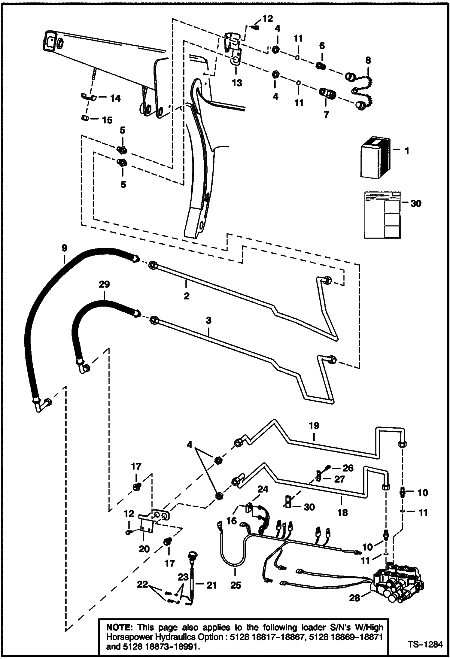 Схема запчастей Bobcat 800s - FRONT AUXILIARY KIT (W/Poppet Couplers) (S/N 5128 16001-18873, 5084 18001-18085, 5097 18001-18112 - SEE NOTE) ACCESSORIES & OPTIONS