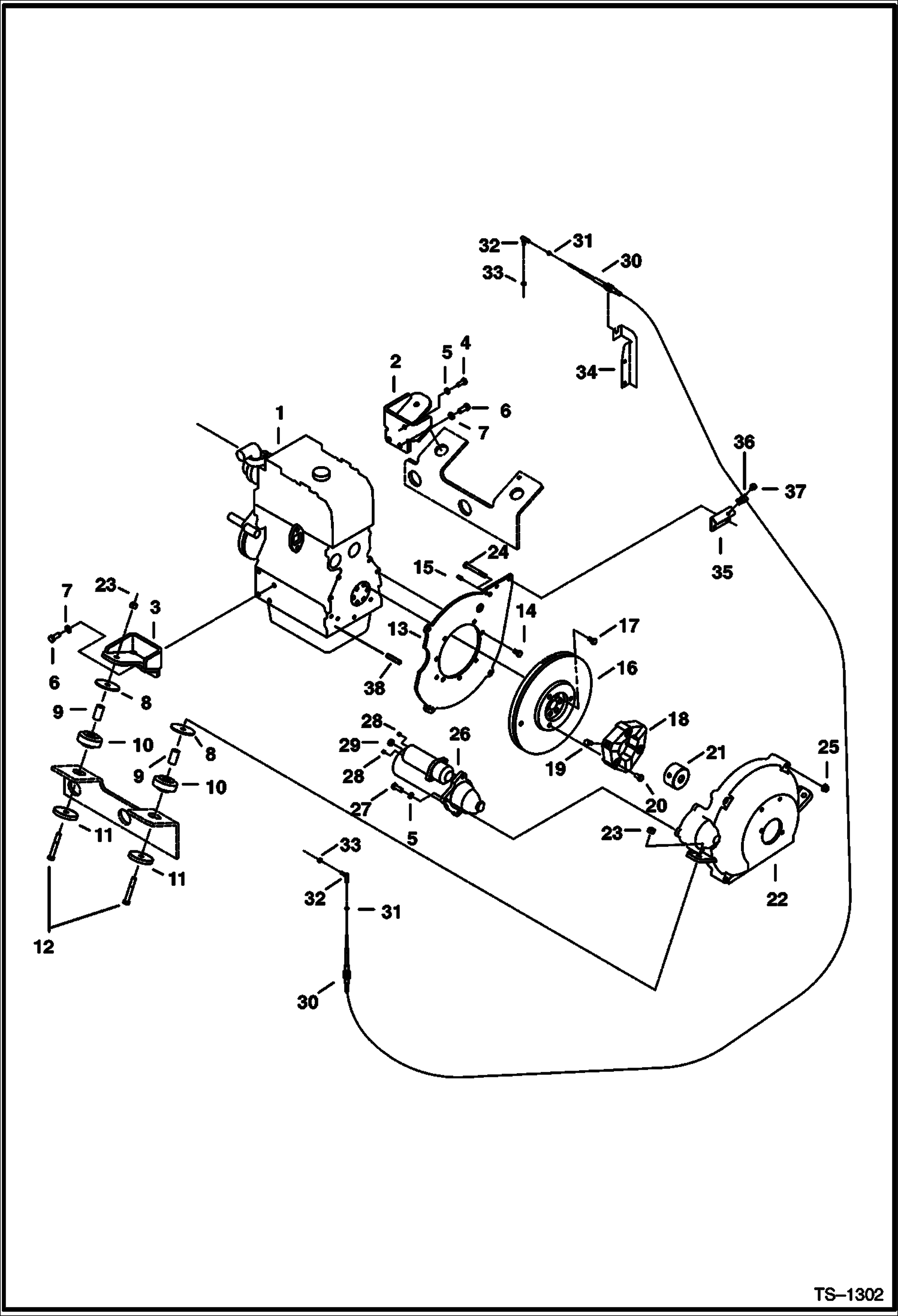 Схема запчастей Bobcat 331 - ENGINE MOUNTING, FLYWHEEL & STARTER (S/N 512913001 - 512915199) POWER UNIT