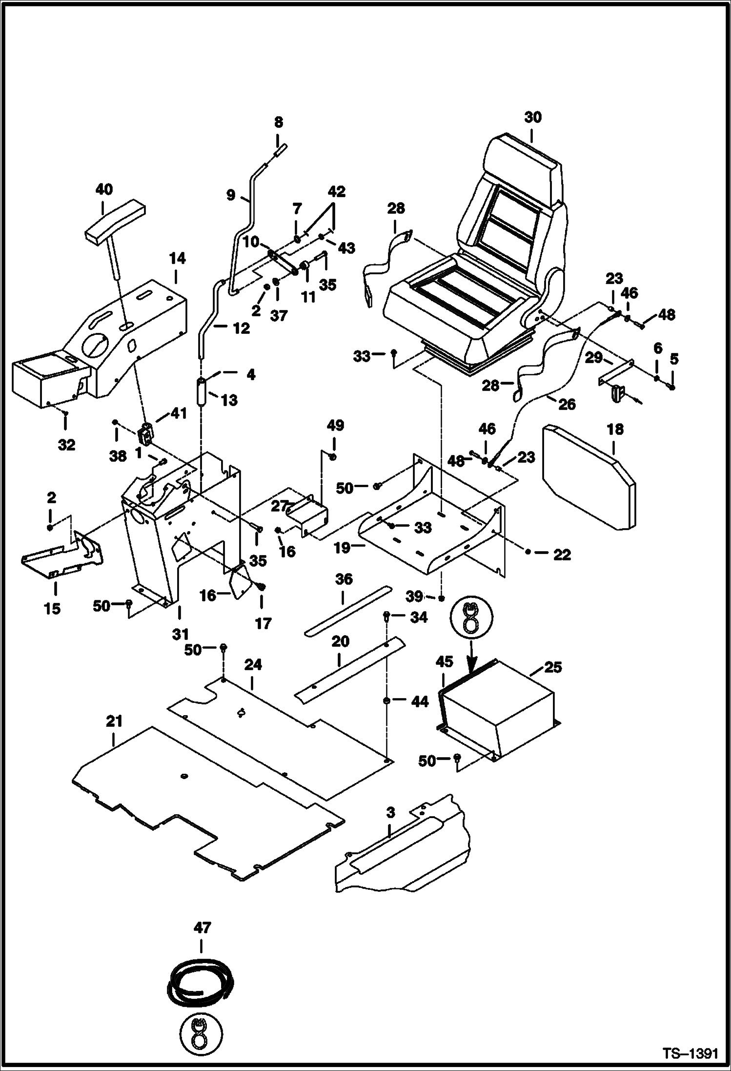 Схема запчастей Bobcat 334 - CONTROL CONSOLE, FLOORBOARDS AND SEAT (S/N 512913001 - 512915199) CONTROLS