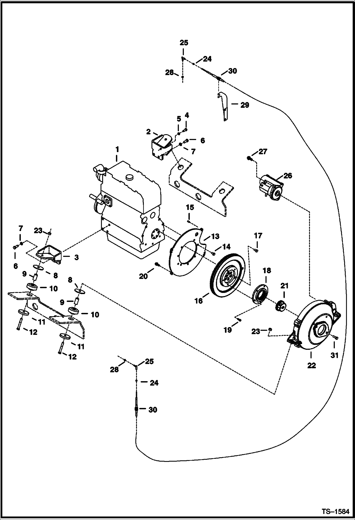 Схема запчастей Bobcat 337 - ENGINE MOUNTING, FLYWHEEL & STARTER POWER UNIT