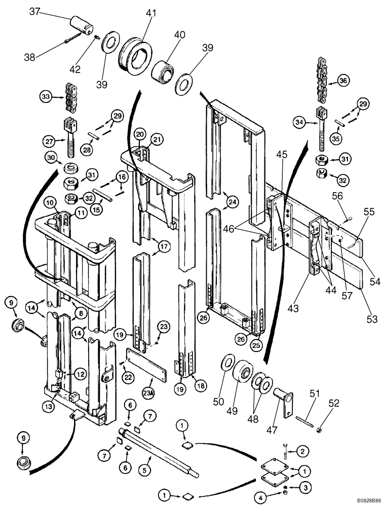 Схема запчастей Case 586E - (9-092) - 6.5 M (21-1/2 FOOT) MAST FOR 586E, MODELS WITH DUAL LIFT CYLINDER, WITHOUT 31 DEGREE FWD. MAST TILT (09) - CHASSIS/ATTACHMENTS