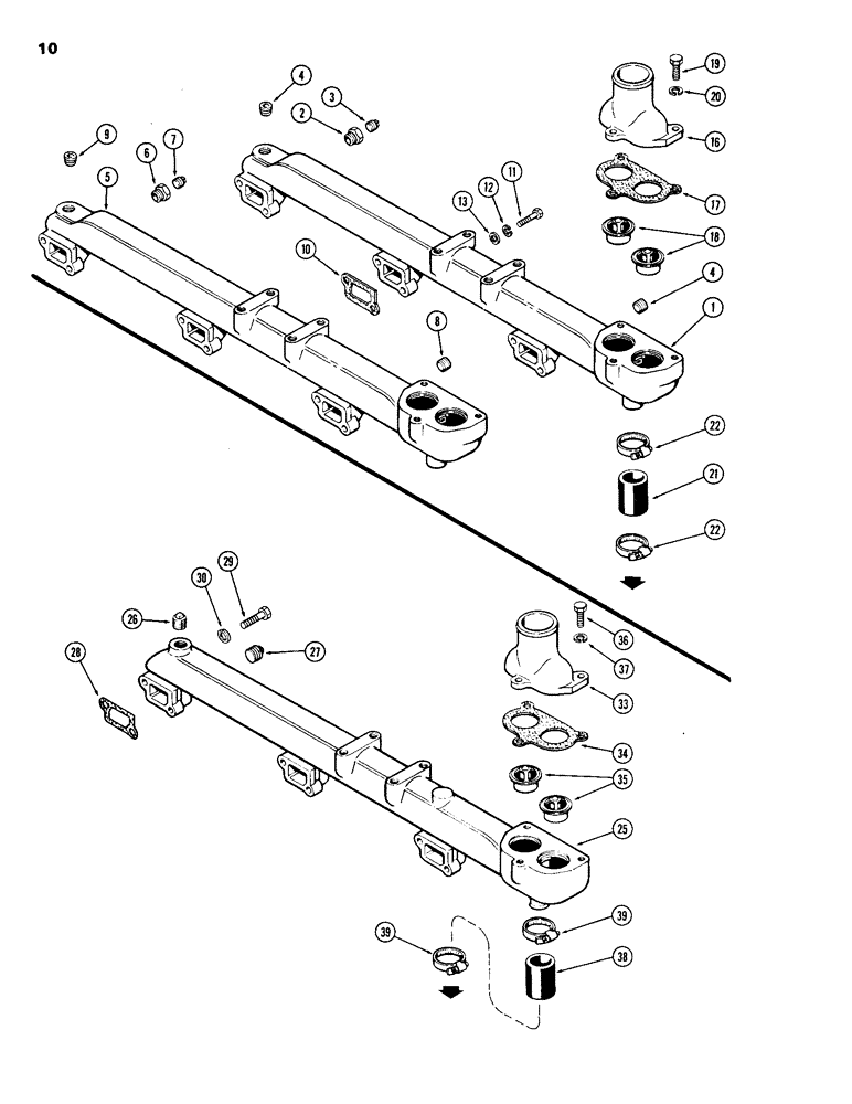 Схема запчастей Case 1150B - (010) - WATER MANIFOLD AND THERMOSTAT, (451BD) AND (451BDT) DIESEL ENGS. ALUMINUM (01) - ENGINE