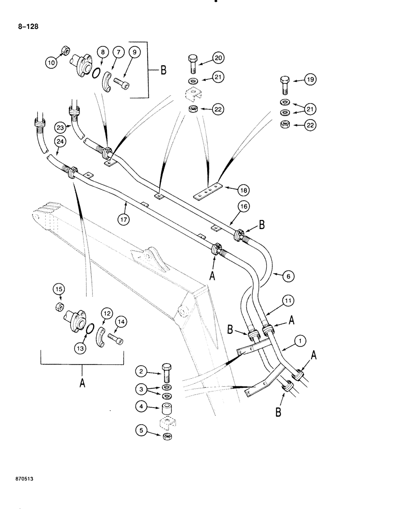 Схема запчастей Case 888 - (8-128) - HYDRAULIC HAMMER CIRCUIT, TUBES AT BOOM (08) - HYDRAULICS