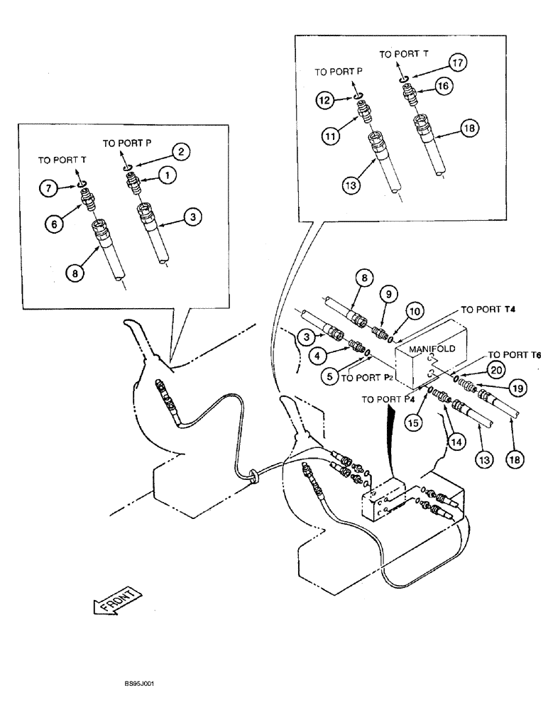 Схема запчастей Case 9060B - (8-038) - MANUAL CONTROL VALVE PRESSURE AND RETURN LINES (08) - HYDRAULICS