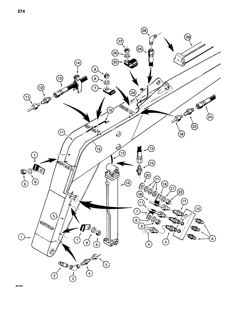 Схема запчастей Case 880C - (374) - E BOOM LUBRICATION LINES (09) - BOOMS