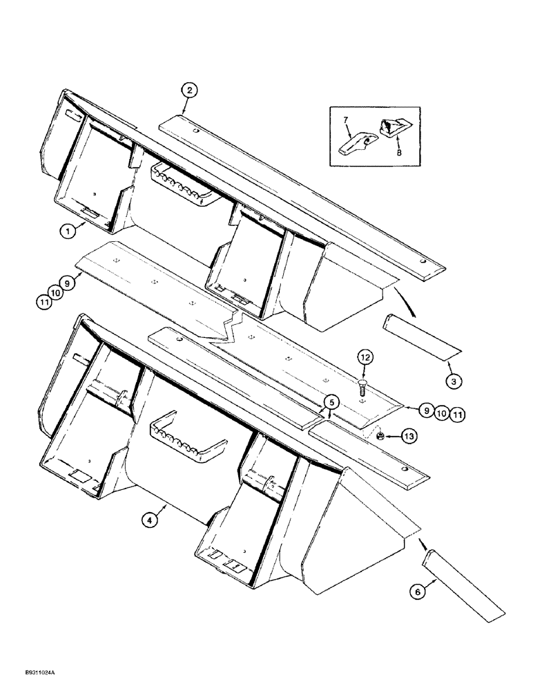 Схема запчастей Case 1838 - (9-06) - BUCKETS, DIRT BUCKET, UTILITY BUCKET, BUCKET TEETH, OPT BOLT ON REVERSIBLE BLADES (09) - CHASSIS/ATTACHMENTS