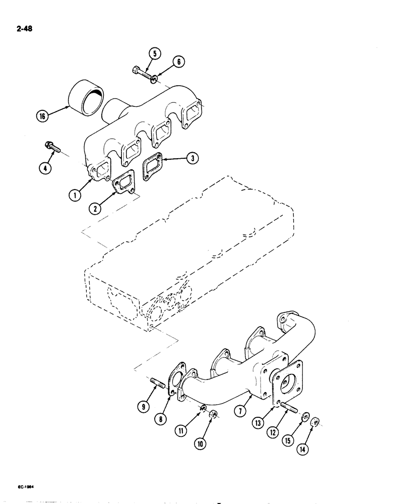 Схема запчастей Case 1825 - (2-48) - INTAKE MANIFOLD AND EXHAUST MANIFOLD, DIESEL MODELS (02) - ENGINE