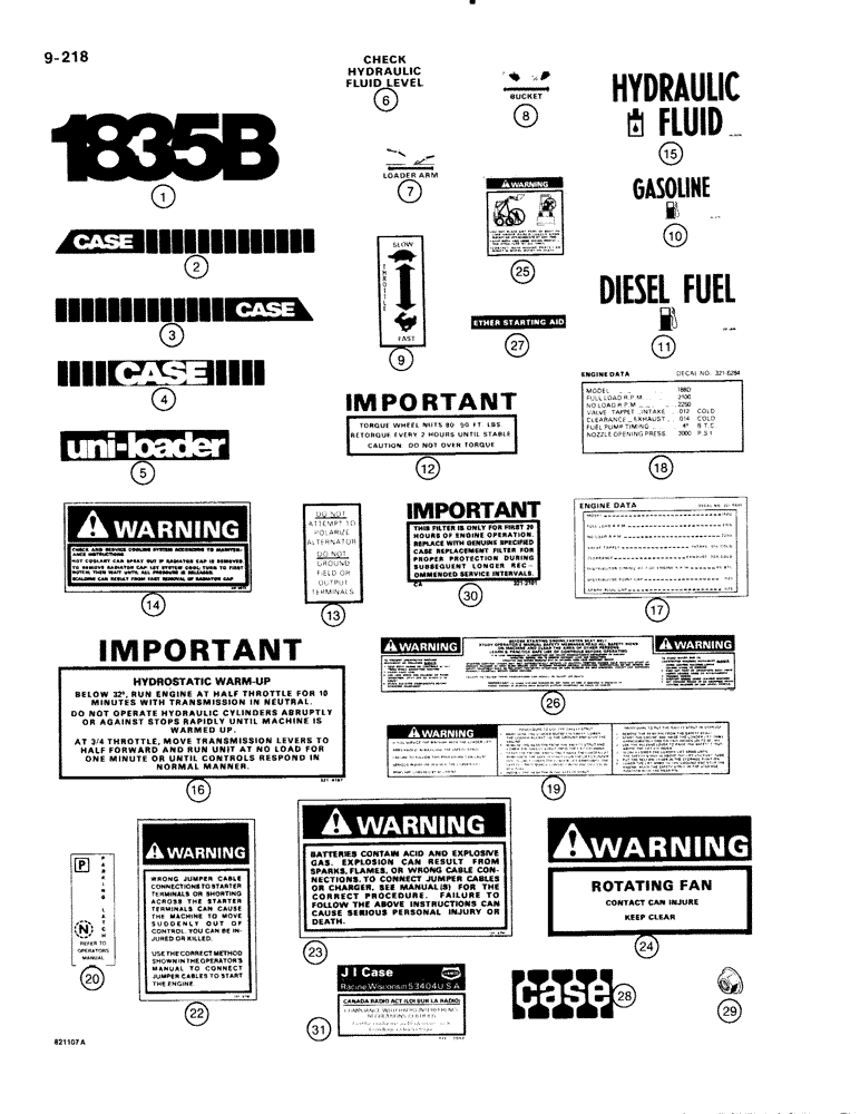 Схема запчастей Case 1835B - (9-218) - DECALS, USED ON MODELS WITH BROWN AND TAN COLOR SCHEME (09) - CHASSIS/ATTACHMENTS