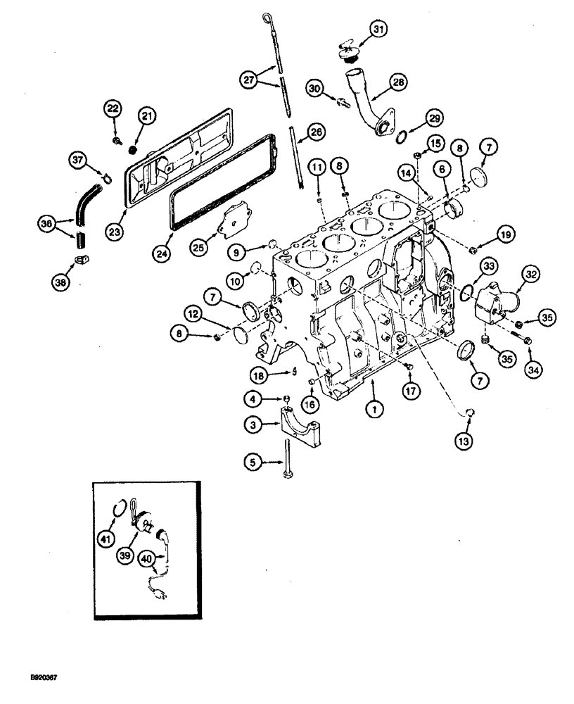 Схема запчастей Case 590 - (2-38) - CYLINDER BLOCK, 4T-390 ENGINE, USES 9 MM FUEL INJECTOR NOZZLE, PRIOR TO ENG. SER. NO. 44511034 (02) - ENGINE