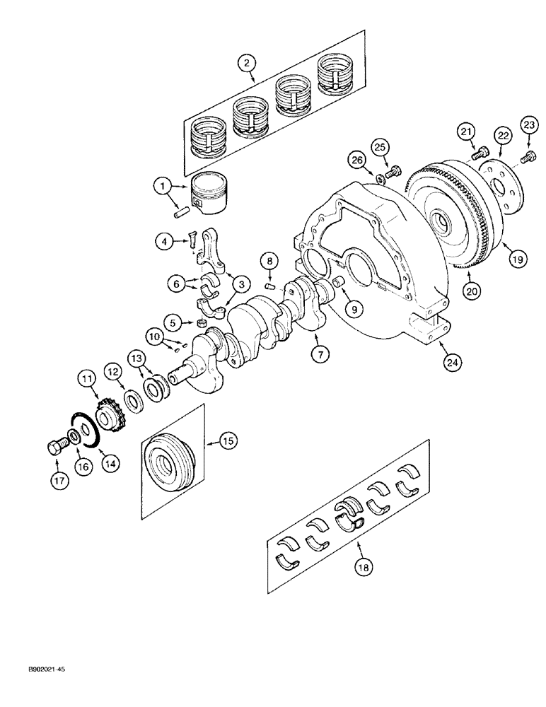 Схема запчастей Case 1825 - (2-44) - PISTONS, CRANKSHAFT AND FLYWHEEL, GASOLINE MODELS (02) - ENGINE