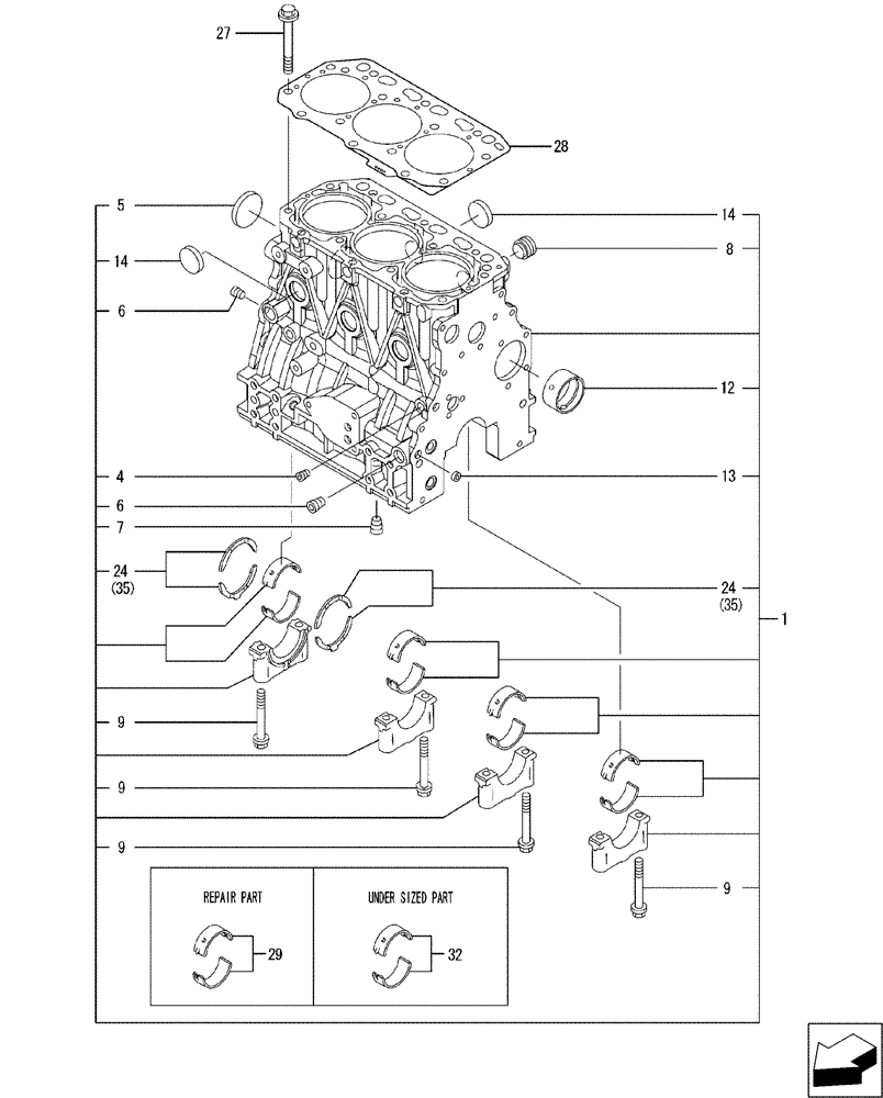 Схема запчастей Case CX31B - (08-001[00]) - CYLINDER BLOCK (10) - ENGINE