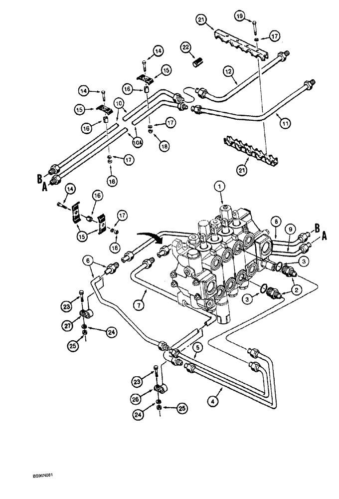 Схема запчастей Case 1150G - (8-023A) - ANGLE HYDRAULIC CIRCUIT, VALVE TO GRILLE, JJG0218023 AND JJG0218479 AND AFTER (07) - HYDRAULIC SYSTEM