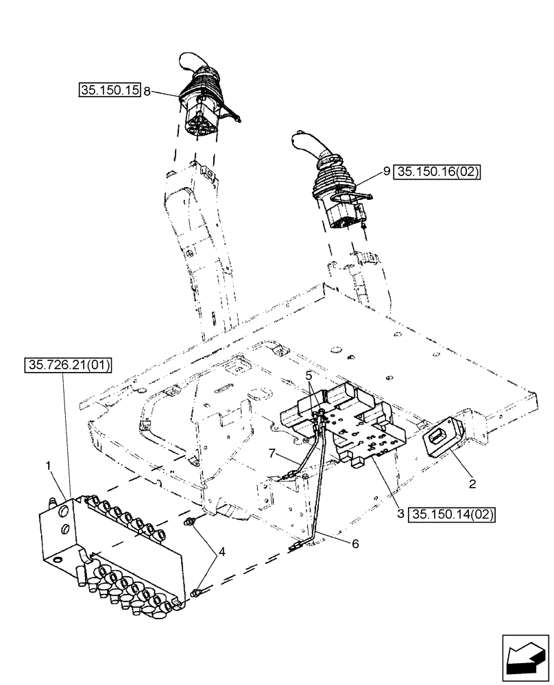 Схема запчастей Case 580SM - (35.726.04[01]) - HYDRAULICS - VALVE, PILOT CONTROL AND JOYSTICKS (7 SPOOL, W/ EXT DIPPER, W/O AUX HYDS) (580SM) (35) - HYDRAULIC SYSTEMS