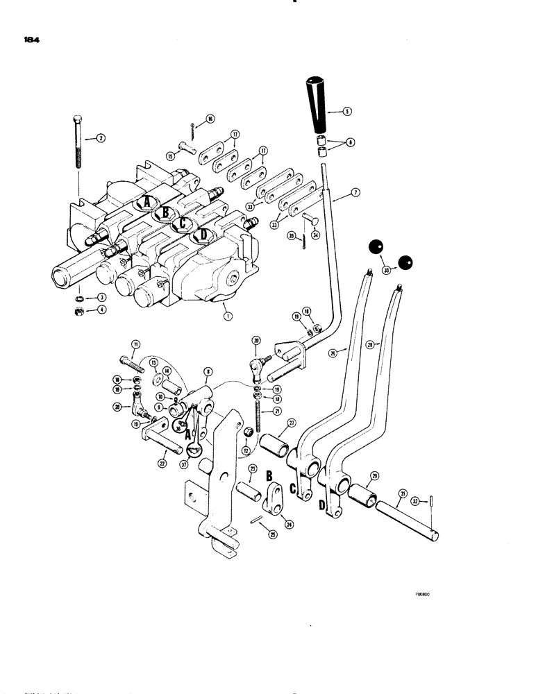 Схема запчастей Case 1150 - (184) - EQUIPMENT CONTROL VALVE AND LEVERS, 4 SPOOL DOZER, USED ON POWER TILT DOZER W/ DUAL PULL BEHIND (07) - HYDRAULIC SYSTEM