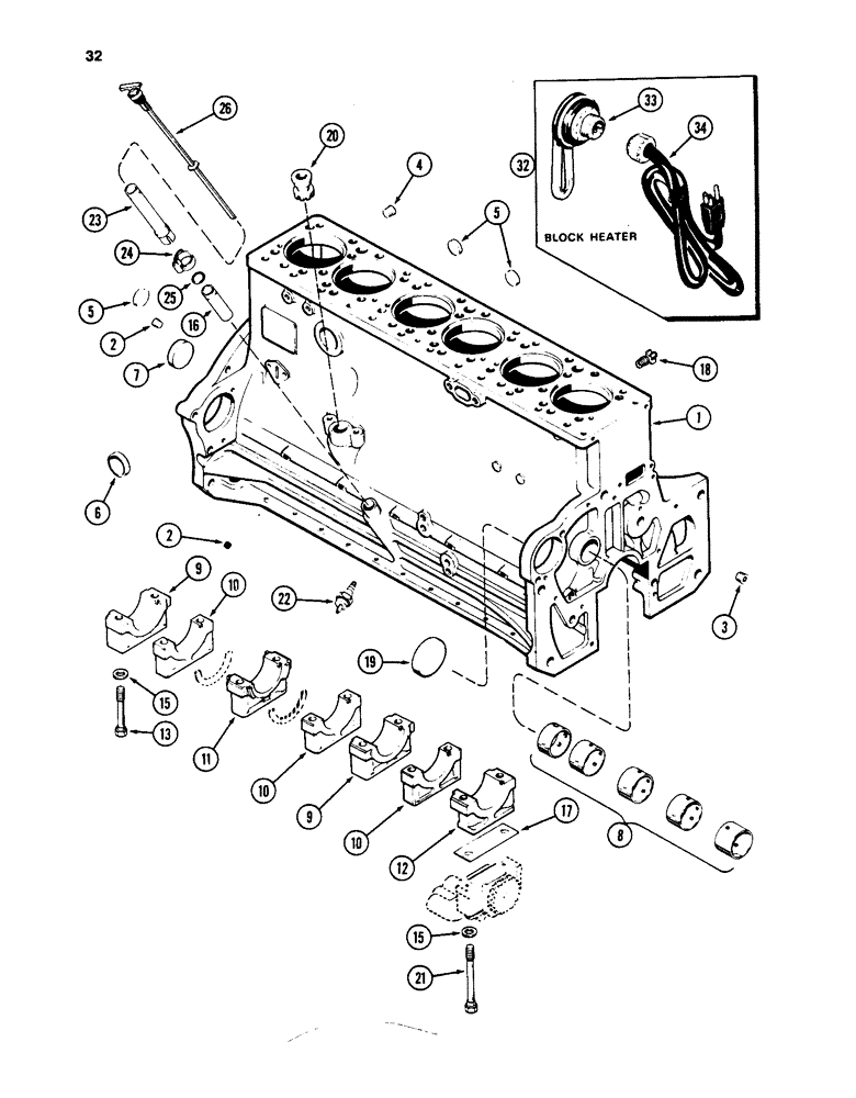 Схема запчастей Case W24C - (032) - CYLINDER BLOCK, PRIOR TO ENGINE SERIAL NO. 10187283, 504BD AND 504BDT DIESEL ENGINES (02) - ENGINE