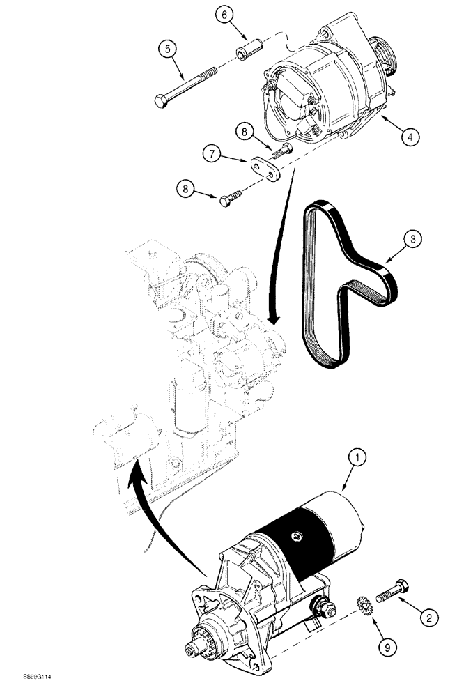 Схема запчастей Case 580SL - (4-008) - STARTER AND ALTERNATOR MOUNTING (04) - ELECTRICAL SYSTEMS