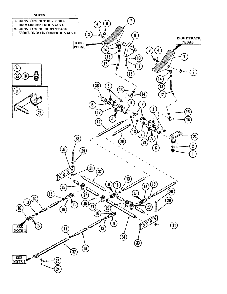 Схема запчастей Case 40 - (140) - PEDALS AND ATTACHING PARTS FOR: RIGHT TRACK AND TOOL CONTROL (33) - BRAKES & CONTROLS