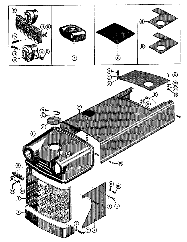 Схема запчастей Case 600 - (128) - BODY INSTALLATION, BUMPER, SHROUD, HOOD, RADIATOR GUARD (05) - UPPERSTRUCTURE CHASSIS