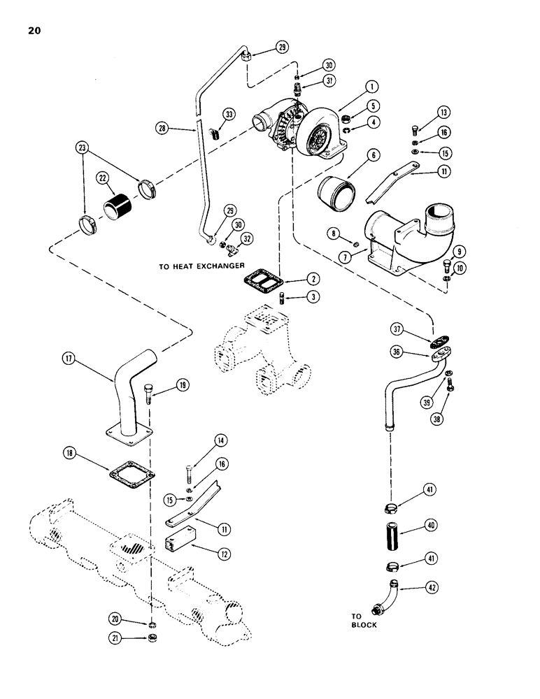 Схема запчастей Case 1150B - (020) - TURBOCHARGER SYSTEM, (451BDT) DIESEL ENGINE, FOR ALTITUDE COMPENSATING ENGS. (01) - ENGINE