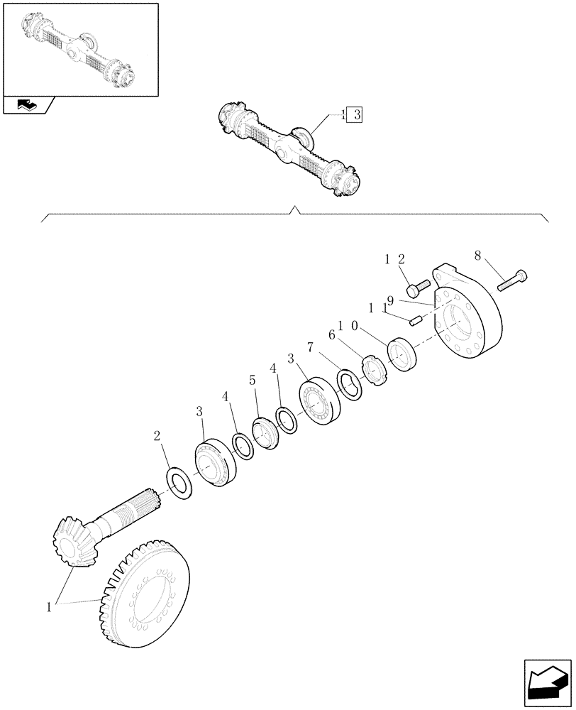 Схема запчастей Case 321E - (076/01[04]) - 20 / 35 KM/H (HIGH SPEED) FRONT RIGID AXLE : PINION GEAR AND RING GEAR (04) - FRONT AXLE