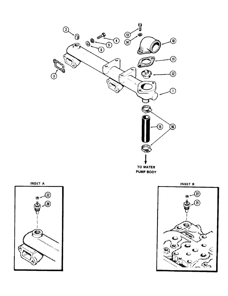 Схема запчастей Case 780 - (022) - WATER MANIFOLD AND THERMOSTAT, (336BD) AND (336BDT) DIESEL ENG (02) - ENGINE