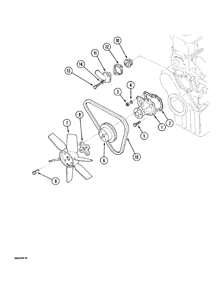 Схема запчастей Case 1825 - (2-48) - WATER PUMP, FAN, AND THERMOSTAT, GASOLINE MODELS (02) - ENGINE