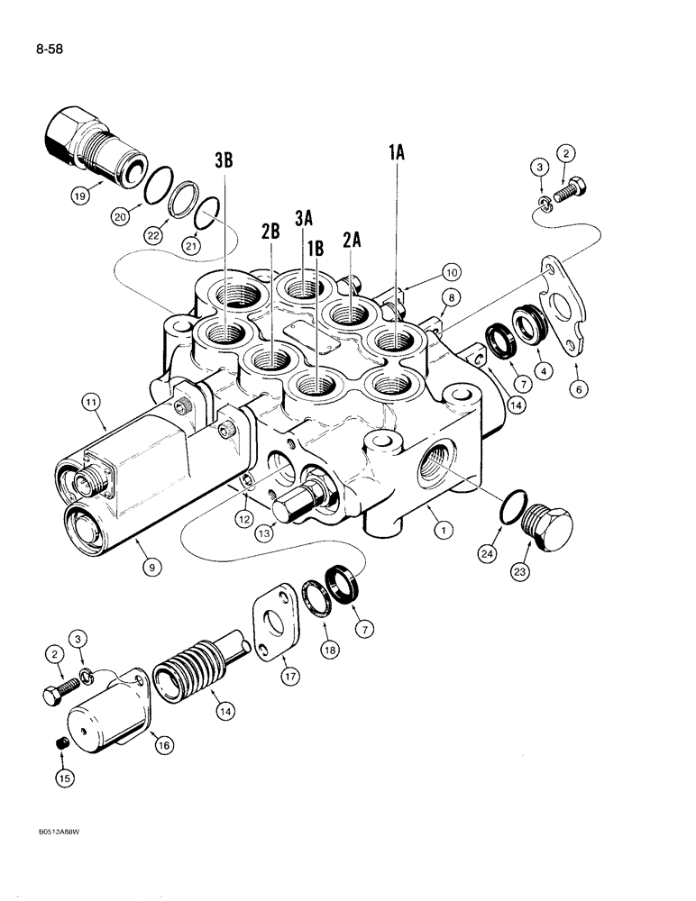 Схема запчастей Case 780D - (8-058) - LOADER CONTROL VALVE - THREE SPOOL (08) - HYDRAULICS