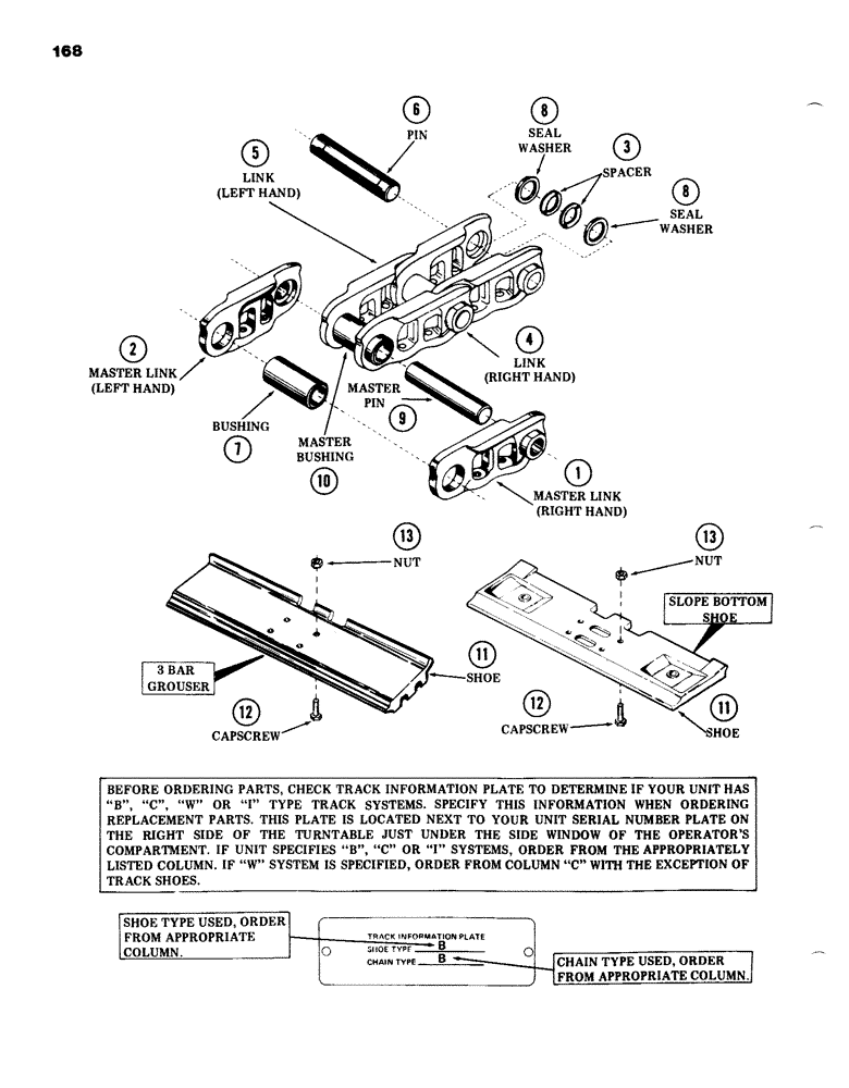 Схема запчастей Case 980B - (168) - TRACKS, SHOES, PINS AND LINKS, (USED ON UNITS PRIOR TO PIN 6203831 AND 6203990 AND AFTER) (04) - UNDERCARRIAGE