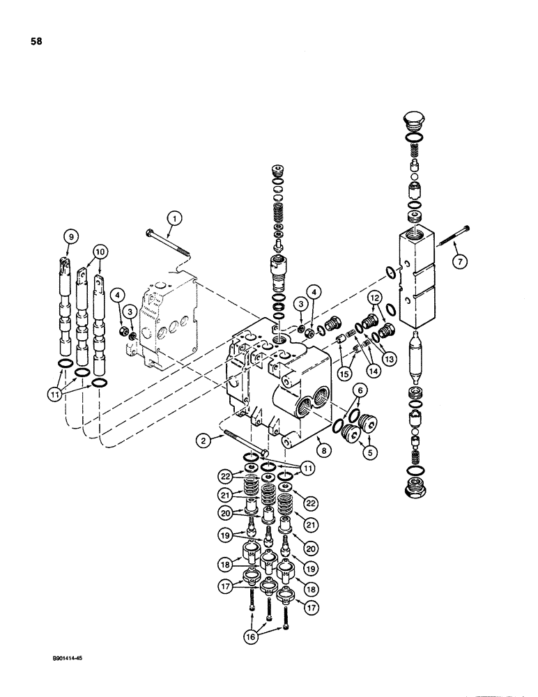 Схема запчастей Case D100 - (8-058) - BACKHOE CONTROL VALVE - DUKE, OUTLET SETION, USED ON 1835C, 1840 & 1845C UNI-LOADERS 