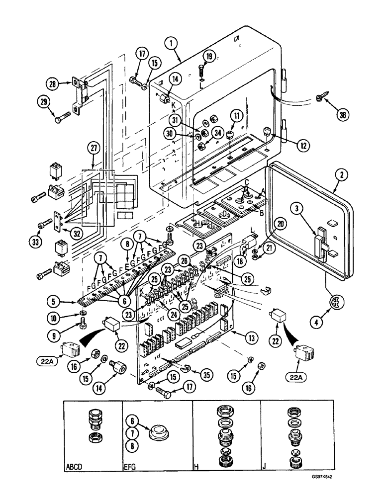 Схема запчастей Case 220B - (4-56) - ELECTRICAL BOX, WITH SIDE HINGED ACCESS DOOR, P.I.N. 74441 THROUGH 74569 (04) - ELECTRICAL SYSTEMS