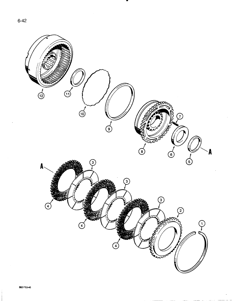 Схема запчастей Case 455C - (6-42) - TRANS. FWD. & REV. CLUTCH ASSYS., MODELS W/ DRY BRAKES AND MODELS W/ WET BRAKES THRU P.I.N. 3080911 (06) - POWER TRAIN