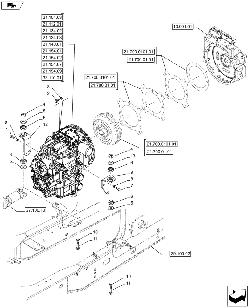 Схема запчастей Case 580SN - (21.112.04[01]) - VAR - 423058 - STANDARD TRANSMISSION - MOUNTING - 2WD (21) - TRANSMISSION