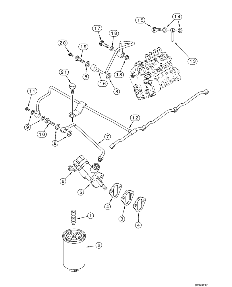 Схема запчастей Case 1845C - (03-07) - FUEL FILTER - PUMP, TRANSFER, 4-390 EMISSIONS CERTIFIED ENGINE, ASN JAF0250483 (INJECTION PUMP J931397) (03) - FUEL SYSTEM