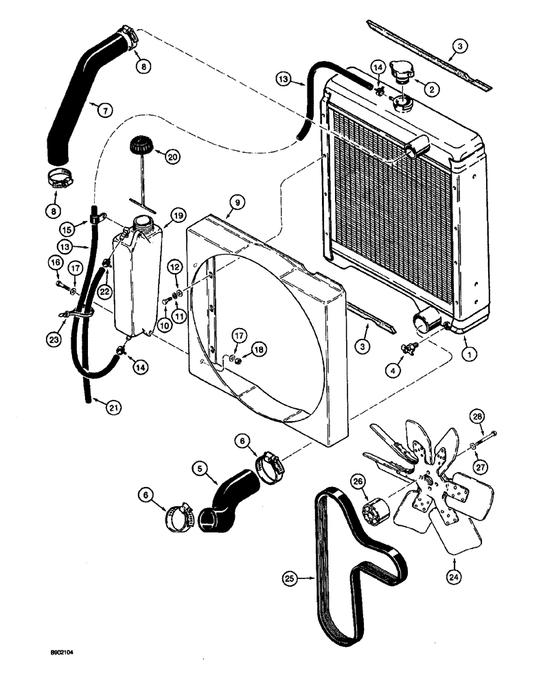 Схема запчастей Case 590 - (2-02) - RADIATOR, FAN, AND MOUNTING PARTS (02) - ENGINE