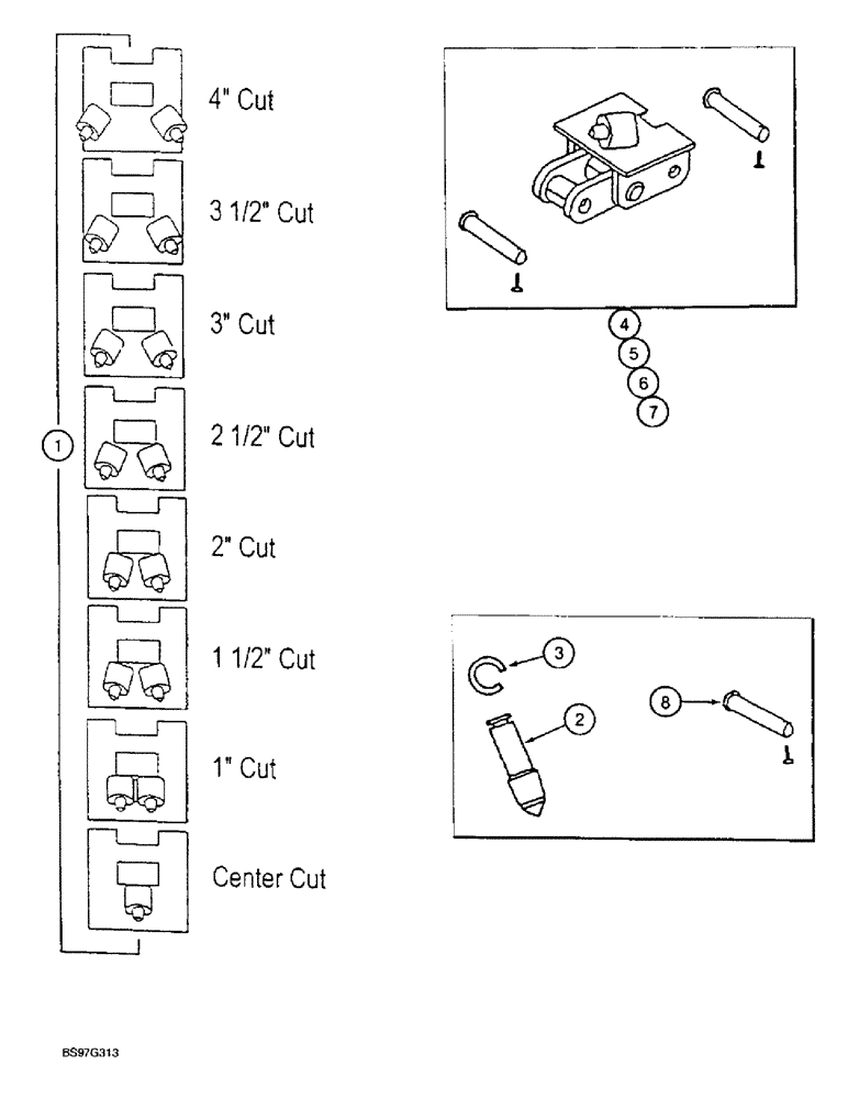 Схема запчастей Case TF300 - (9-48) - ALLIGATOR STYLE CUTTERS, USED WITH 4 INCH STANDARD DUTY 164 (09) - CHASSIS/ATTACHMENTS