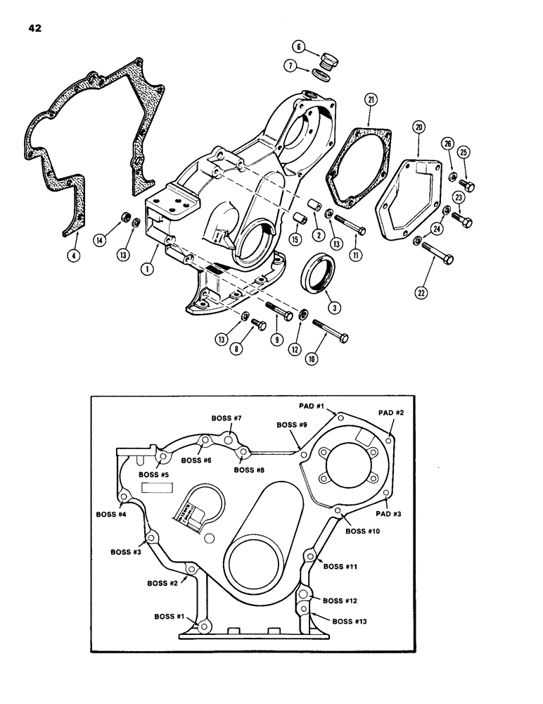 Схема запчастей Case 1150B - (042) - TIMING GEAR COVER, (451BD) AND (451BDT) DIESEL ENGINES (01) - ENGINE