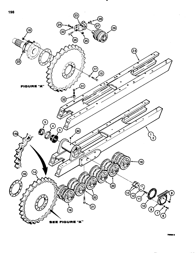 Схема запчастей Case 1150C - (198) - TRACK FRAMES, SPROCKET, AND ROLLERS (11) - TRACKS/STEERING